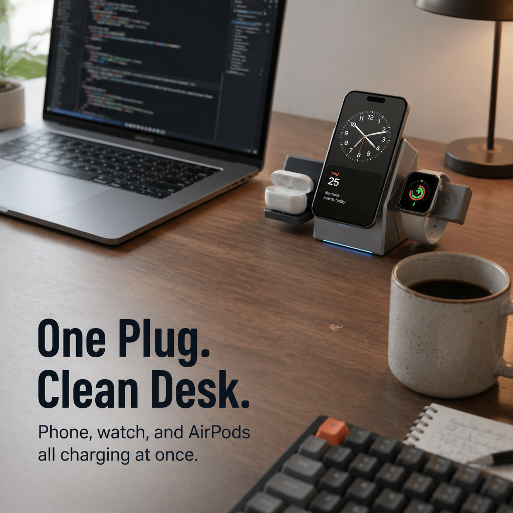 ChargeFlow™ — Clip Your iPhone, Watch & Headsets Onto Single Foldable Qi2 Stand