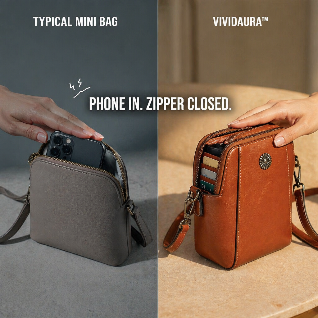 VividAura™ — Soft-Leather Crossbody for Phone, Cards & Lipstick All-in-One