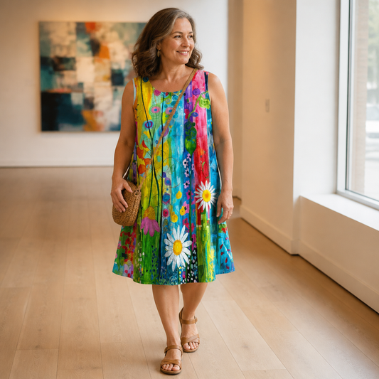 LuminaLuxe™ – Sleeveless A-Line Dress with Hand-Painted Floral Design