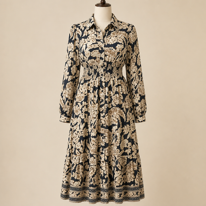 BloomAura™ – Retro Block-Print Shirt Dress Featuring Smocked Waist