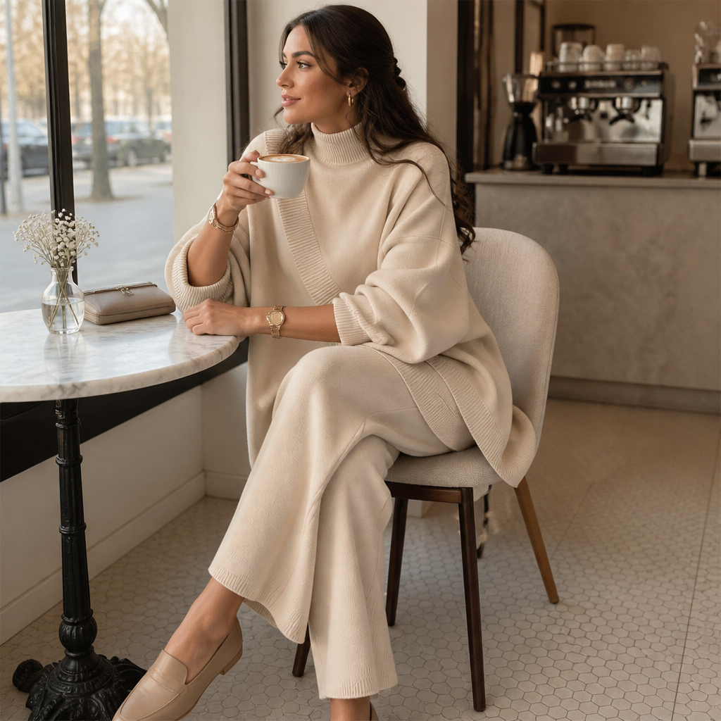 CelestiaKnit™ – Asymmetric Oversized Knit Set with Wide-Leg Trousers