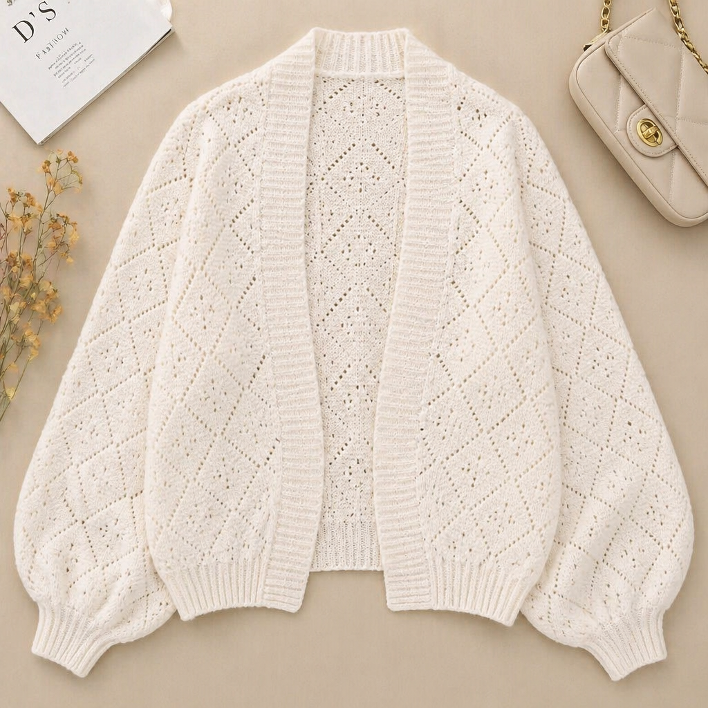 AerieLuxe™ – Hollow Knit Shawl Cardigan with Open Front and Lantern Sleeves