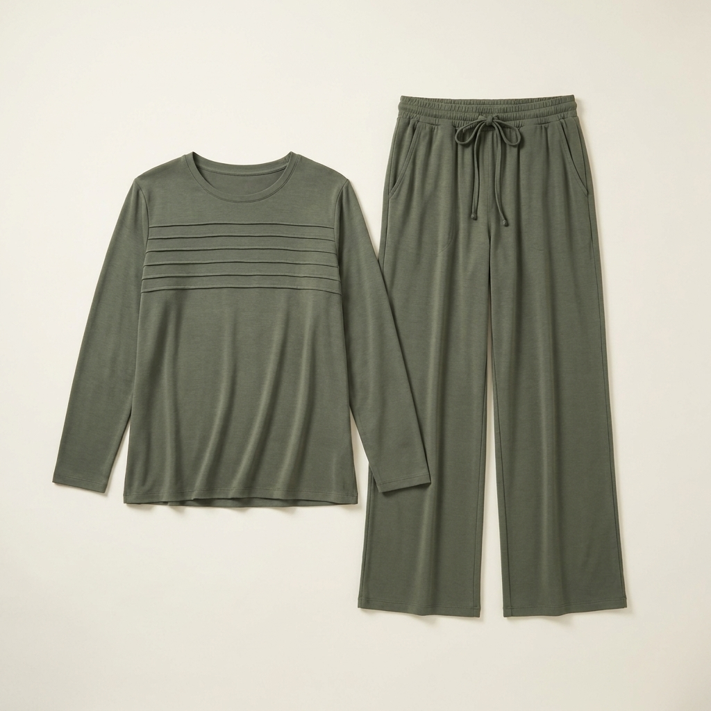 OptimaWear™ – Pleated-Yoke Soft Knit Two-Piece Lounge Set
