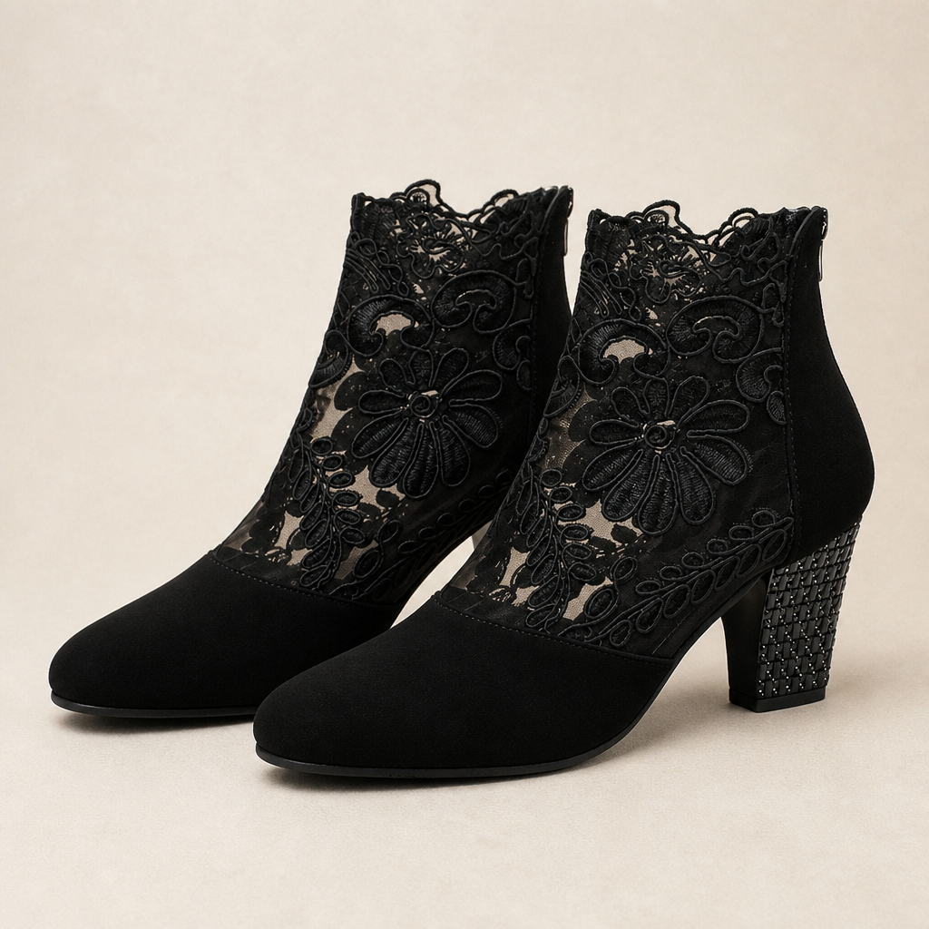 SerenLace™ Floral Lace Block Heel Ankle Boots — Feel Stunningly Stylish and Comfortable All Day Long