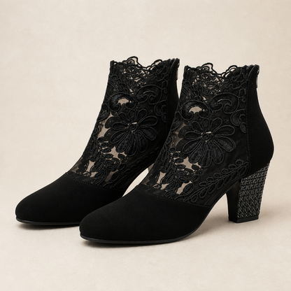 SerenLace™ Floral Lace Block Heel Ankle Boots — Feel Stunningly Stylish and Comfortable All Day Long