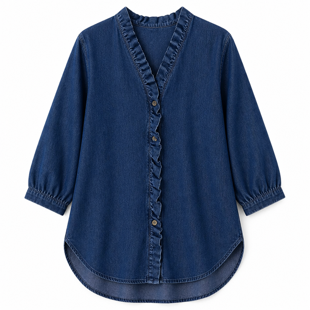 Brielle™ – Soft Chambray V-Neck Shirt with Ruffle and High-Low Hem