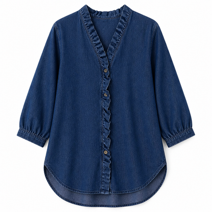 Brielle™ – Soft Chambray V-Neck Shirt with Ruffle and High-Low Hem
