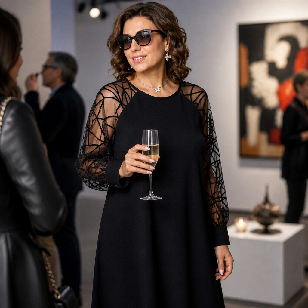 LumaraMist™ – Graceful Mesh-Sleeved A-Line Tunic Dress