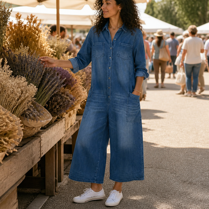 Flowease™ – Comfortable Wide-Leg Denim Jumpsuit Featuring Button-Front Top