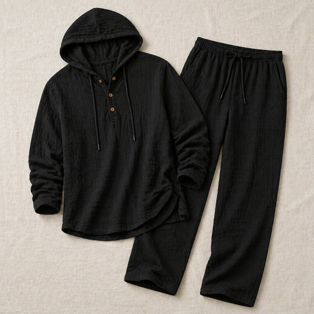 Drakescape™ – Casual Hooded Linen Henley Shirt & Pants Ensemble