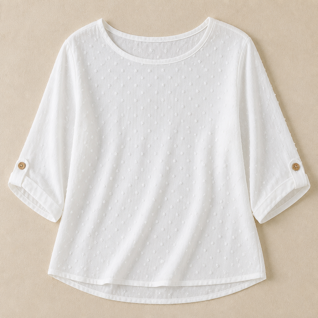 SilkoraWave™ – Easygoing Swiss-Dot Blouse with Buttoned Sleeve Tabs