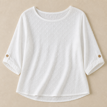 SilkoraWave™ – Easygoing Swiss-Dot Blouse with Buttoned Sleeve Tabs