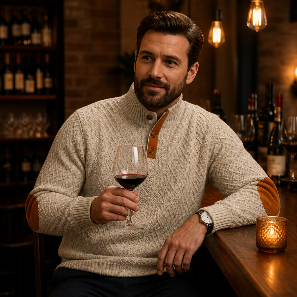 AtlasForge™ – Jacquard Textured Stand-Collar Sweater Featuring Elbow Patches