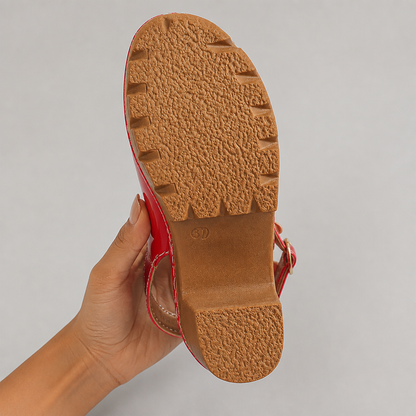 VivaStride™ – Patented Peep-Toe Block Heel Sandals Featuring Bold Gold Buckle