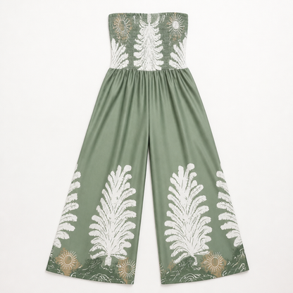 SolaraBreeze™ – Strapless Palazzo Jumpsuit with Tropical Palm Print
