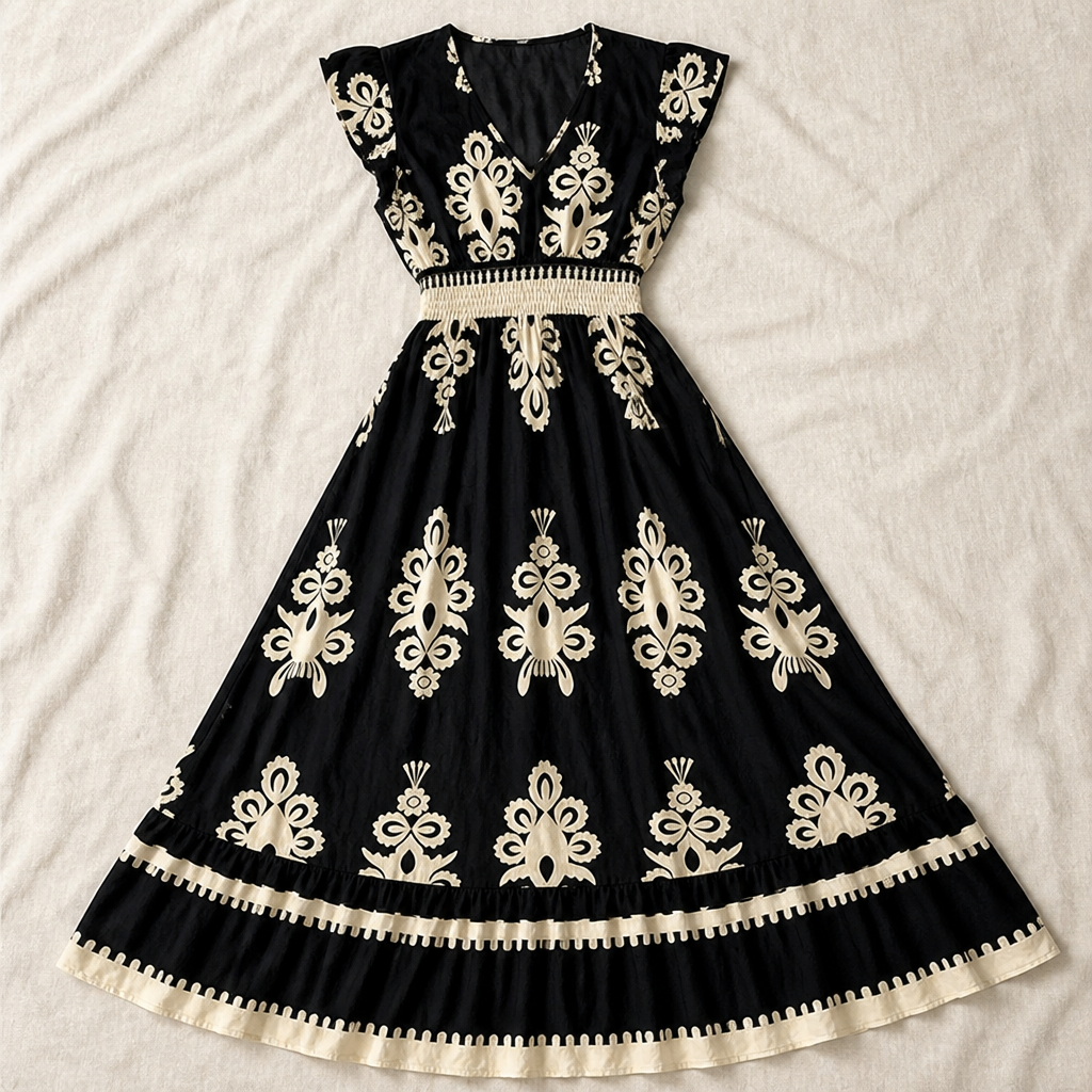 LuminaSway™ – Retro Baroque Pattern V-Neck Maxi Dress