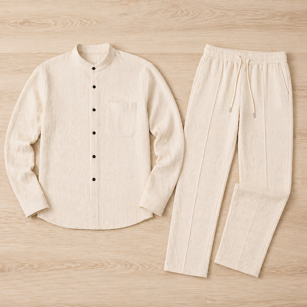 AnyWear™ – Comfortable Waffle-Knit Shirt and Pants Set with Mandarin Collar