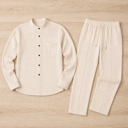 AnyWear™ – Comfortable Waffle-Knit Shirt and Pants Set with Mandarin Collar