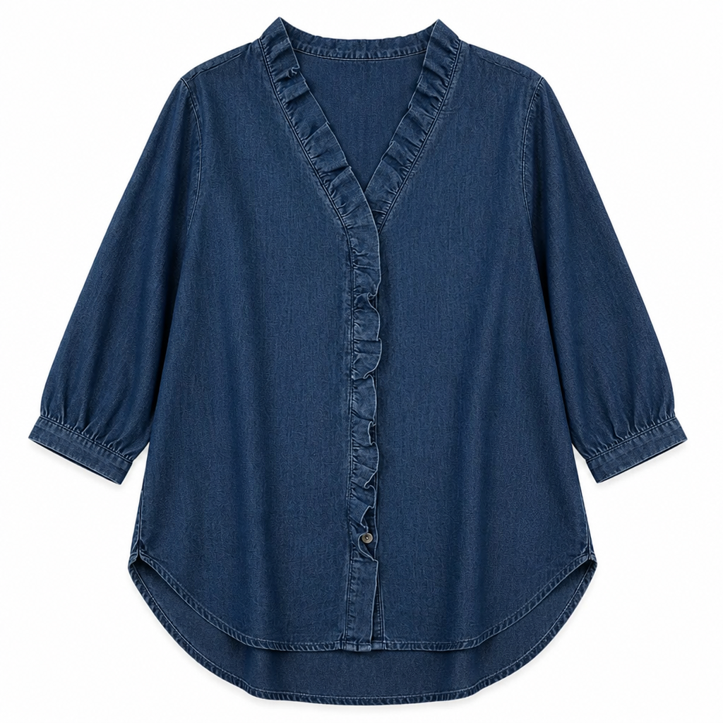 Brielle™ – Soft Chambray V-Neck Shirt with Ruffle and High-Low Hem