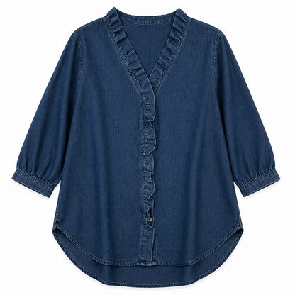 Brielle™ – Soft Chambray V-Neck Shirt with Ruffle and High-Low Hem