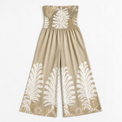 SolaraBreeze™ – Strapless Palazzo Jumpsuit with Tropical Palm Print