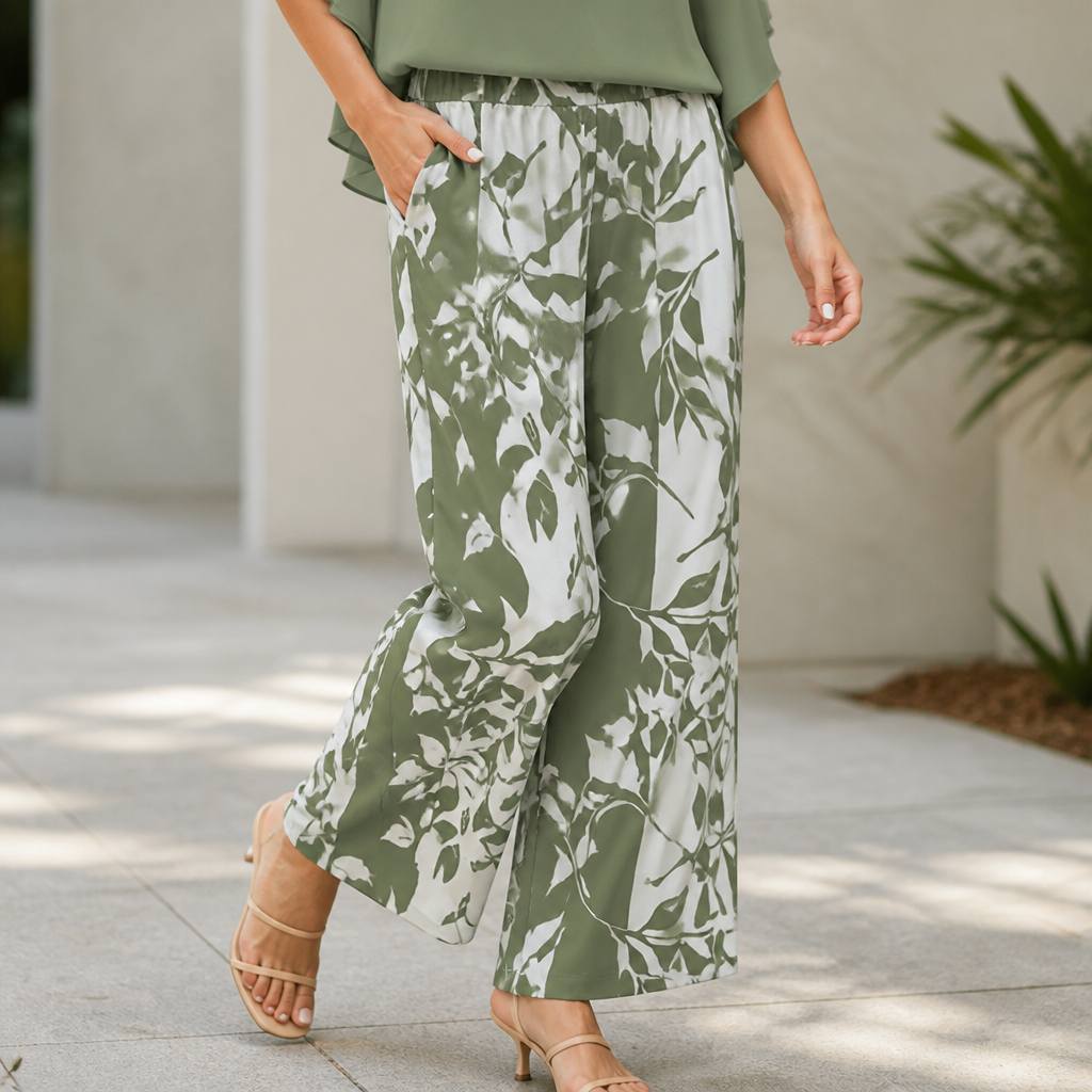 Flexara™ – Chic Layered Chiffon Blouse and Wide-Leg Patterned Pant Set