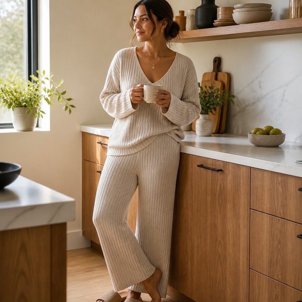Serelis™ – Cozy Ribbed V-Neck Lounge Set with Wide-Leg Trousers