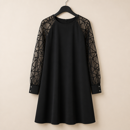 LumaraMist™ – Graceful Mesh-Sleeved A-Line Tunic Dress