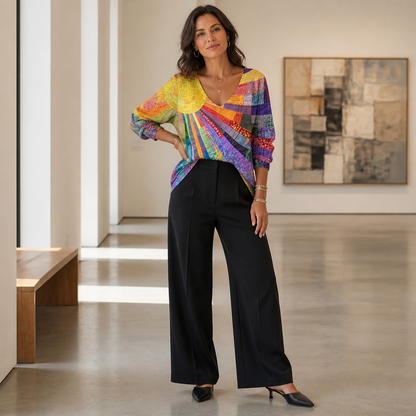 LuxeVera™ – Radiant Sunburst Patchwork V-Neck Top