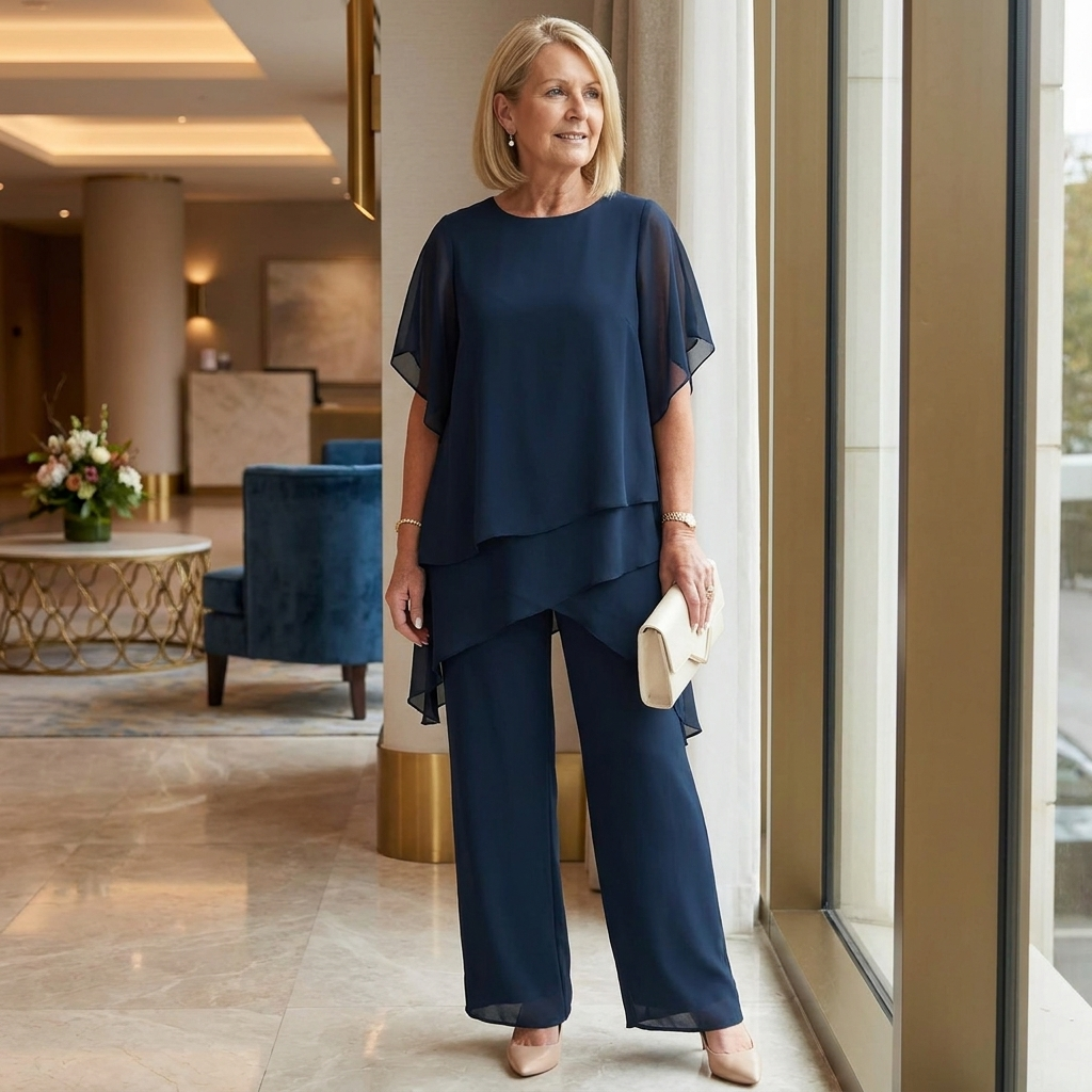 SerenLuxe™ – Stylish Chiffon Two-Piece Ensemble with Asymmetrical Layered Top