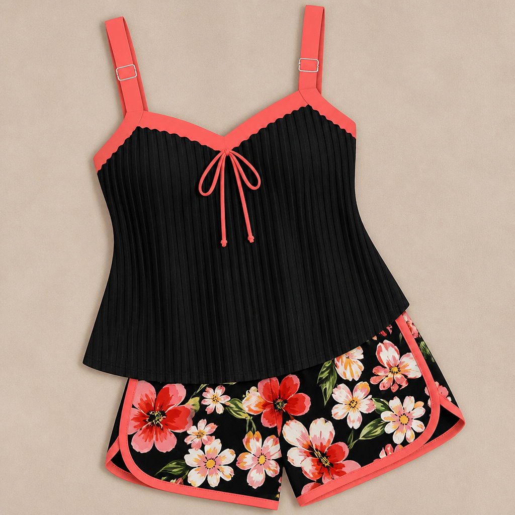 SoloraSway™ – Breezy Pleated Tankini with Coverage Shorts
