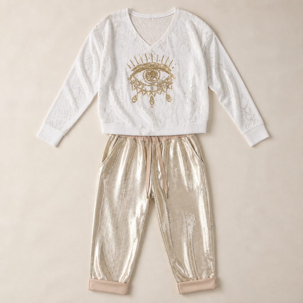 LumaPulse™ – Sequined Eye Top Paired with Metallic Drawstring Pants Set