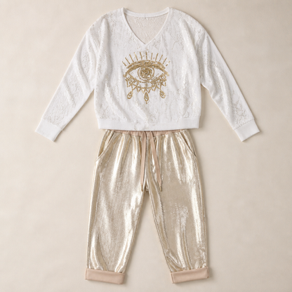 LumaPulse™ – Sequined Eye Top Paired with Metallic Drawstring Pants Set