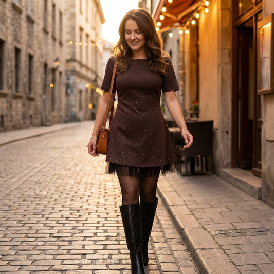 VeroLux™ – Mini Dress with Rhinestone Accents and Tiered Tulle Hem