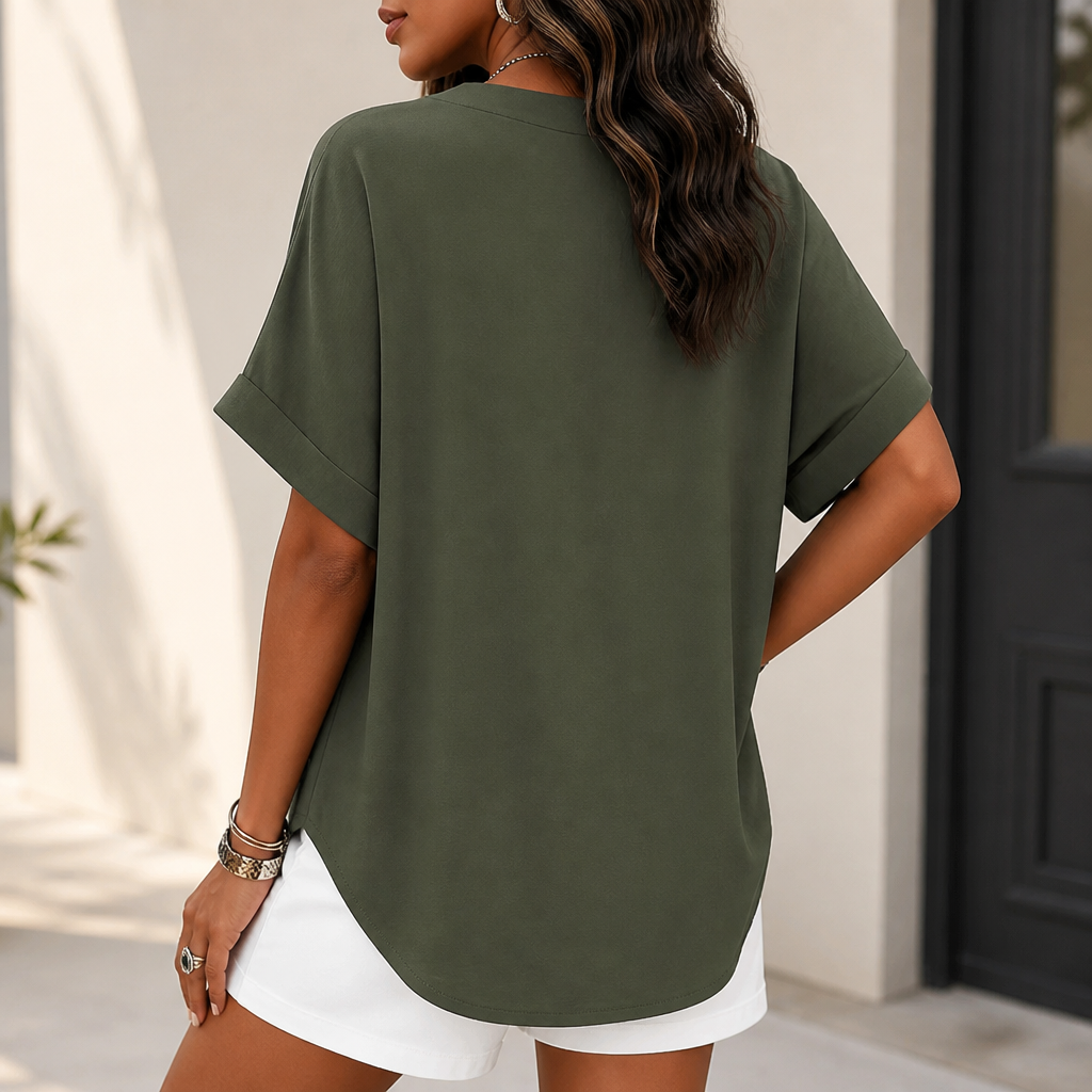 Silkora™ – Easy V-Neck Blouse with Rounded Hem