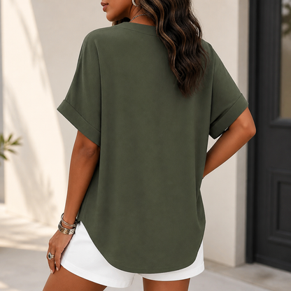 Silkora™ – Easy V-Neck Blouse with Rounded Hem