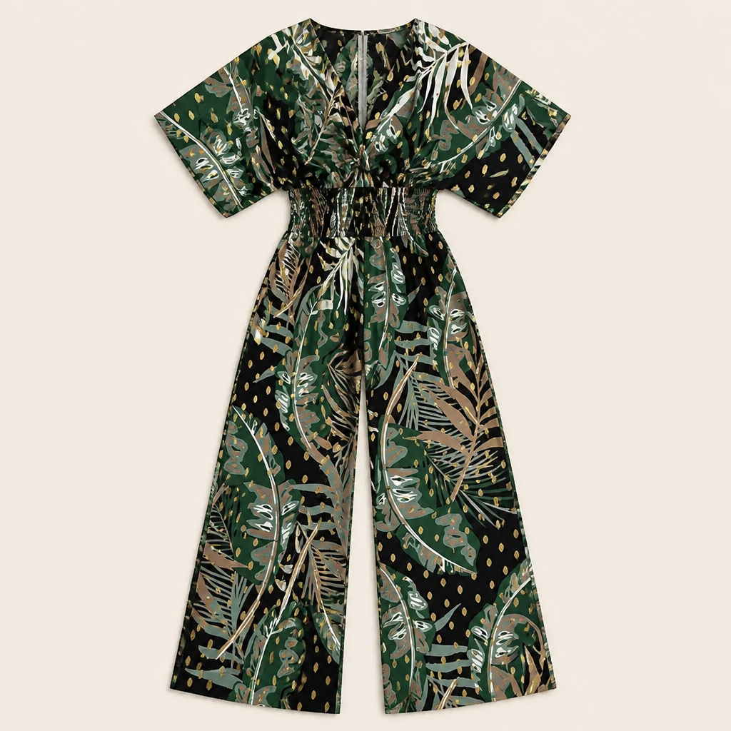 SerenaSculpt™ – Wide-Leg Jumpsuit with Tropical Print, V-Neck, and Smocked Waist