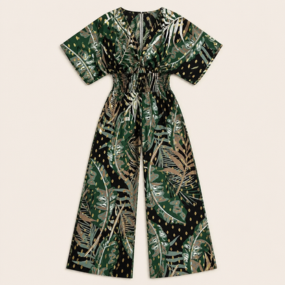 SerenaSculpt™ – Wide-Leg Jumpsuit with Tropical Print, V-Neck, and Smocked Waist