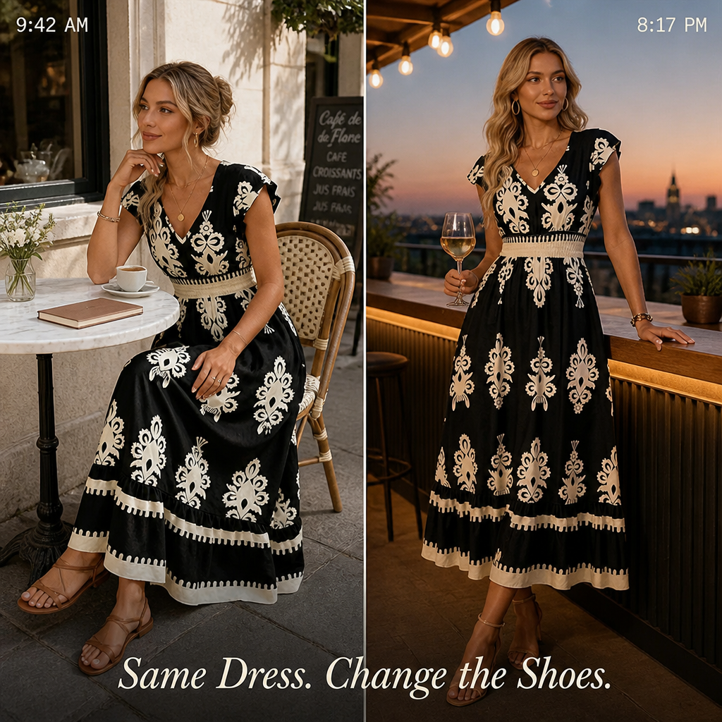 Vellureva™ — Sport a Cap-Sleeve Maxi from Café Brunch to Rooftop Night