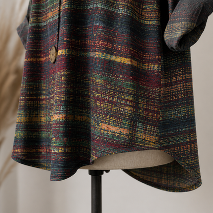 LuminaBelle™ – Retro Print V-Neck Blouse Featuring Rolled Cuff Sleeves