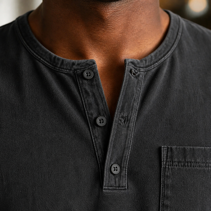 VeroVibe™ – Retro Washed Long Sleeve Henley Featuring Chest Pocket