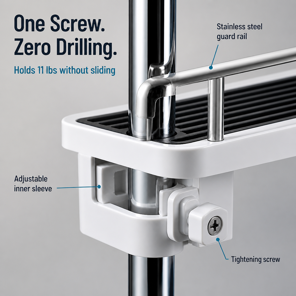 AquaNest™ — Snap a Single Adjustable Tray onto Your Shower Pipe, No Drilling
