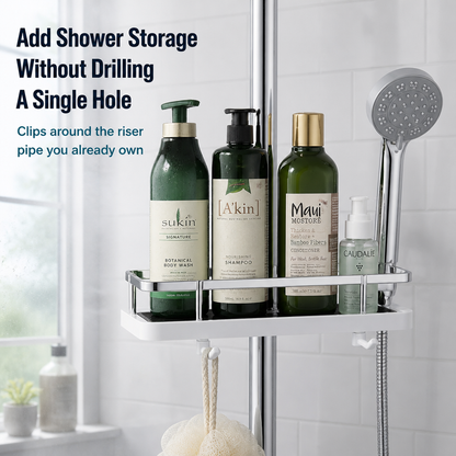 AquaNest™ — Snap a Single Adjustable Tray onto Your Shower Pipe, No Drilling
