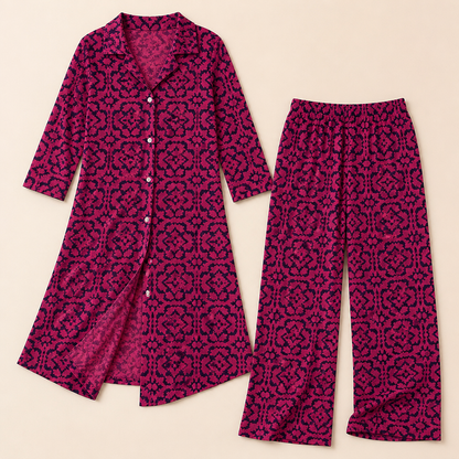 VireoLuxe™ – Striking Geometric Tunic with Straight-Leg Pants Set