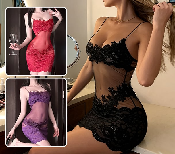 EmberaLuxe™ – Transparent Floral Lace Nightgown with Coordinated Thong