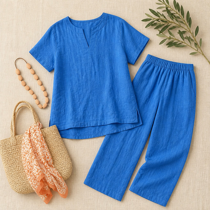 LumoraEase™ – Soft Cotton-Linen V-Neck Two-Piece Ensemble
