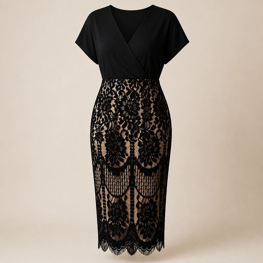 AriaLuxe™ – Lace Midi Dress with V-Neck Wrap Bodice, Curve-Enhancing