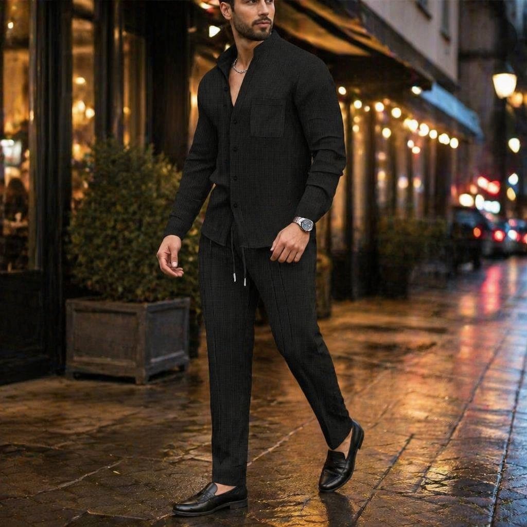 AnyWear™ – Comfortable Waffle-Knit Shirt and Pants Set with Mandarin Collar