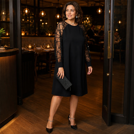 LumaraMist™ – Graceful Mesh-Sleeved A-Line Tunic Dress