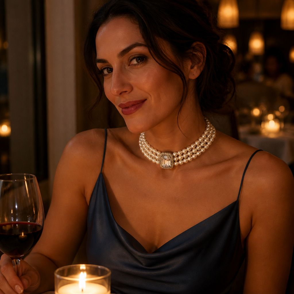 LumaVera™ – Classic Three-Strand Pearl Choker Featuring Crystal Centerpiece